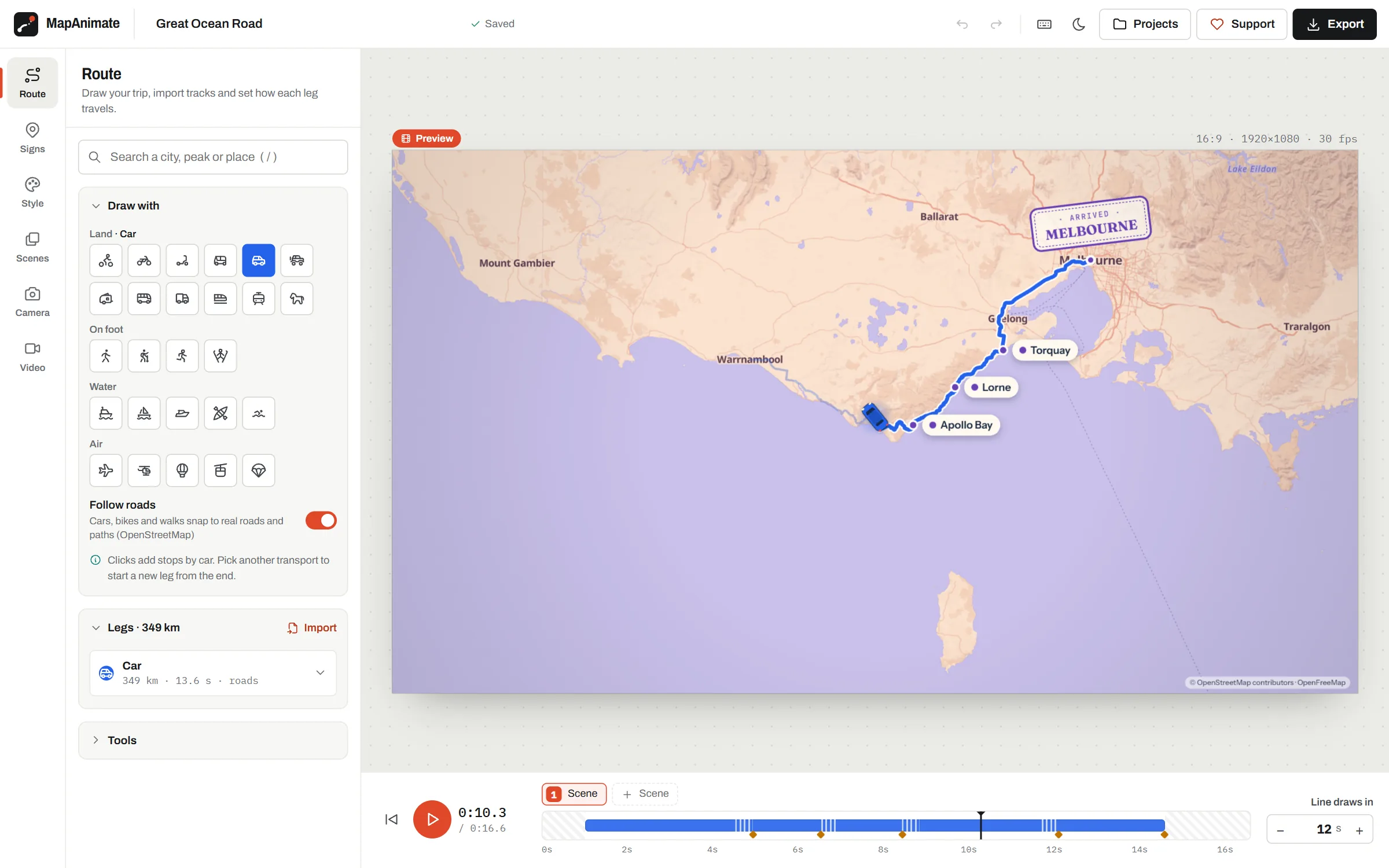 The MapAnimate editor showing the Great Ocean Road template: the route panel on the left, the map with the route and stop labels in the middle, and the timeline below.